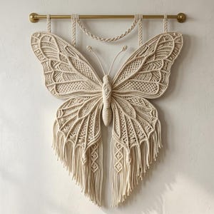 May include: A cream-coloured macrame butterfly wall hanging suspended from a horizontal gold-toned metal rod. The butterfly features intricate knotted patterns, two antennae, and long fringe detailing along the lower edges of the wings.