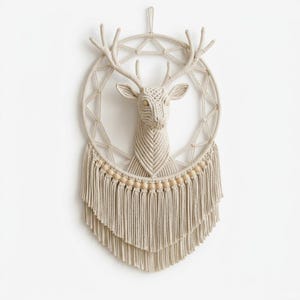 May include: A wall hanging featuring a macrame deer head mounted within a circular frame. The deer is crafted from off-white cord with intricate knotting. A row of light wooden beads sits below the deer, with long, layered fringe hanging down.