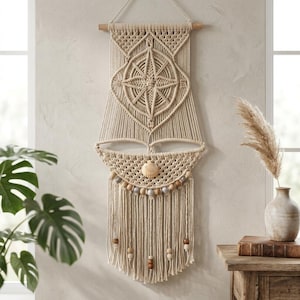 May include: A cream-colored macrame wall hanging suspended from a wooden dowel. The design features a central compass rose pattern, a semi-circular section adorned with a single seashell, and a row of wooden and metallic beads with long fringe.
