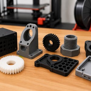 Op de afbeelding: Een verzameling 3D-geprinte mechanische onderdelen, waaronder een zwarte rechthoekige behuizing, een grijze verticale montagebeugel, een wit tandwiel, een zwart tandwiel, een grijze bout met schroefdraad, een zwarte platte plaat met honingraatpatroon en een grijze basis.