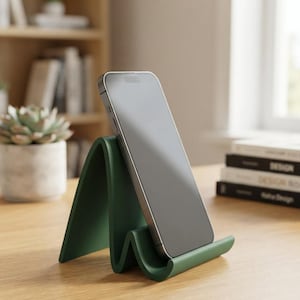 May include: A dark green, wavy-shaped phone stand holding a smartphone in a vertical position. The stand features a continuous, folded design that creates a stable base and a ledge to support the device, providing a secure upright viewing angle.