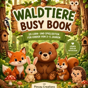 May include: A children's activity book titled WALDTIERE BUSY BOOK featuring a brown bear, fox, rabbit, squirrel, and hedgehog in a forest setting. The cover includes the text 20 LERN- UND SPIELSEITEN FÜR KINDER VON 2-5 JAHREN, LERNEN SPIELEN ENTDECKEN, and von Pincay Creations.