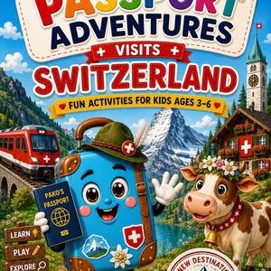 Könnte beinhalten: Ein Buchcover mit dem Titel Pako's Passport Adventures Visits Switzerland für Kinder von 3 bis 6 Jahren. Es zeigt eine blaue Kofferfigur mit grünem Hut, eine Kuh mit Blumenkranz, einen roten Zug, eine Schweizer Flagge und ein Flugzeug.
