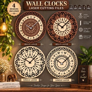 May include: Four circular wall clock designs for laser cutting, featuring two multi-layer and two single-layer wooden patterns with Arabic numerals. The digital files include SVG, DXF, PDF, AI, and PNG formats for DIY projects.