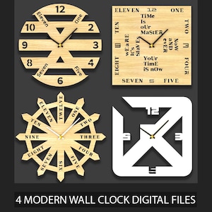 Lot de 4 horloges murales SVG | Horloge découpée au laser (SVG) | Modèle pour scie à chantourner | Motifs pour découpe laser CNC | Téléchargement numérique d'horloge en bois