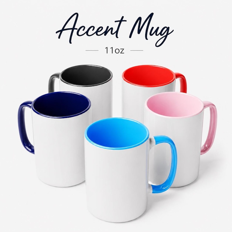 May include: Five 325ml Accent Mugs with white exteriors and coloured interiors and handles in black, red, dark blue, light blue, and light pink. The text Accent Mug 11oz is displayed at the top of the image above the collection of ceramic mugs.