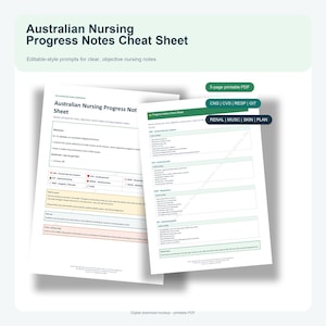 May include: A 5-page printable PDF titled Australian Nursing Progress Notes Cheat Sheet. The document features white pages with green and orange headers, containing clinical terminology for CNS, CVS, RESP, GIT, RENAL, MUSC, SKIN, and PLAN.