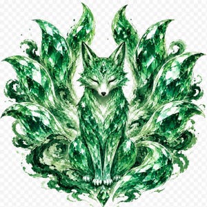 Kitsune Esmeralda Descarga Digital | Emblema de Zorro Japonés PNG | Arte de Zorro Gema Mística | Escudo Japonés | Uso Comercial