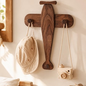 Wooden airplane wall hook, children's room hook, natural wooden airplane decoration, wall mounted hook