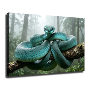 May include: A vibrant teal snake with textured scales coiled around a thick, mossy tree branch. The snake has a triangular head and dark, focused eyes, positioned centrally against a soft-focus, misty forest background with tall trees.