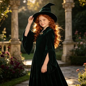 May include: A long-sleeved dark green velvet dress featuring wide, flared sleeves and a high neckline with two gold-toned circular buttons at the collar, paired with a matching dark green velvet pointed witch hat with a wide, structured brim.