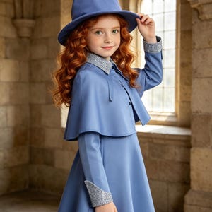 Light Blue Wizard Witch Costume Set, Women Halloween Cape Dress with Pointed Hat, Magic School Fancy Dress Outfit for Cosplay Party