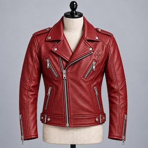May include: A red leather motorcycle jacket featuring a wide notched collar, silver-tone metal zips, and an embossed cross emblem on the left chest. The jacket includes shoulder epaulettes, zipped cuffs, and an adjustable waist belt with a buckle.