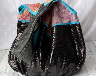 Schoudertas met leren riemen, reistas, tribale tas, bohostijl, pailletten, cadeau-idee dames, alledaagse tas.