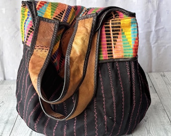 Schoudertas met leren riemen, weekendtas, canvas schoudertas, draagtas, damestas, etnische tas, canvas reistas.