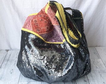 Women Shoulder Bag with Leather Straps, Travel Bag, bohemian gypsy bag, sequin bag, gift idea,Everyday Bag. Tote bag, Handmade bag.