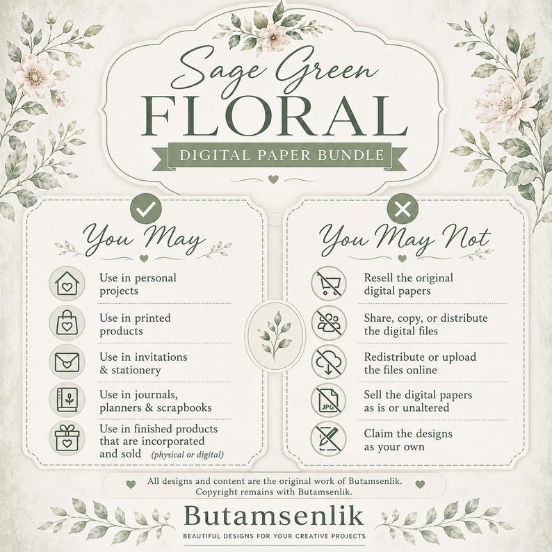 May include: A digital paper bundle license guide titled Sage Green Floral. The document features two columns with checkmarks and x-marks detailing usage rights for personal projects, printed products, and restrictions on reselling or sharing files.
