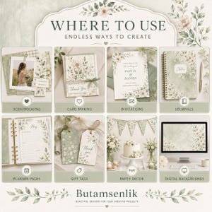 May include: A digital design showcase titled WHERE TO USE ENDLESS WAYS TO CREATE, featuring eight panels displaying floral-themed stationery, journals, planner pages, gift tags, party decor, and digital backgrounds by Butamsenlik.