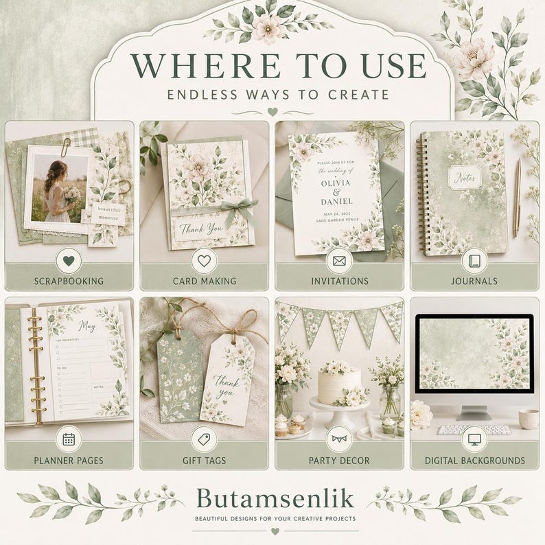 May include: A digital design showcase titled WHERE TO USE ENDLESS WAYS TO CREATE, featuring eight panels displaying floral-themed stationery, journals, planner pages, gift tags, party decor, and digital backgrounds by Butamsenlik.