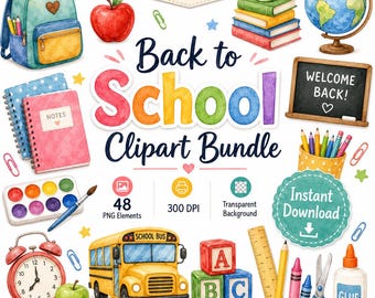 Back to School Watercolor Clipart Bundle, 48 School Supplies PNGs