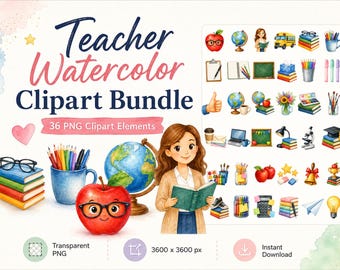 Teacher Watercolor Clipart Bundle, 36 School PNG Graphics