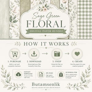 May include: A digital paper bundle featuring sage green floral patterns, including leaves, flowers, and gingham designs. The graphic includes instructions: 1. Purchase, 2. Download, 3. Unzip, 4. Create. It specifies high quality 300 DPI JPG files.