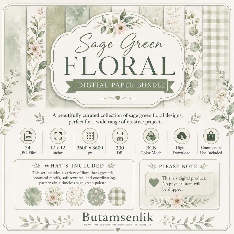 May include: A digital paper bundle titled Sage Green Floral featuring 24 JPG files at 12 x 12 inches and 300 DPI. The set includes sage green floral backgrounds, botanical motifs, and patterns in a soft color palette for digital download.