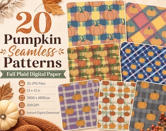20 Pumpkin Seamless Patterns, Fall Plaid Digital Paper, 12x12 JPG Autumn Pumpkin Designs
