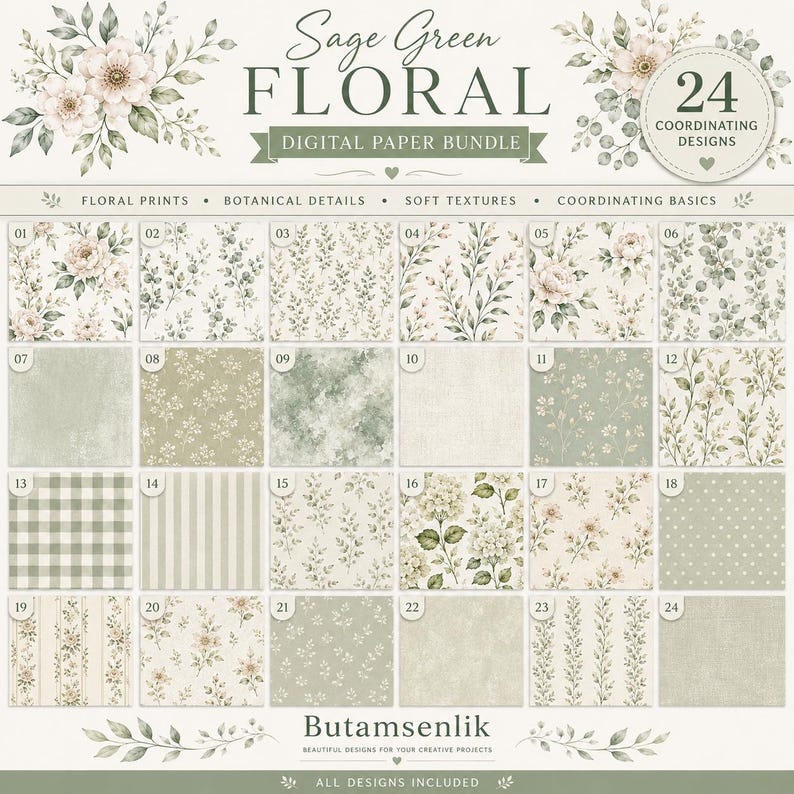 May include: A digital paper bundle titled Sage Green Floral featuring 24 coordinating designs. The collection includes various patterns such as floral prints, botanical details, soft textures, and coordinating basics in shades of sage green and cream.