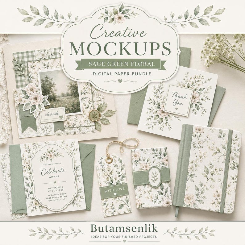 May include: A digital paper bundle featuring sage green floral patterns on stationery, including a notebook, gift tag, and invitation cards. The text reads Creative MOCKUPS SAGE GREEN FLORAL DIGITAL PAPER BUNDLE, Celebrate, Thank You, and WITH LOVE.