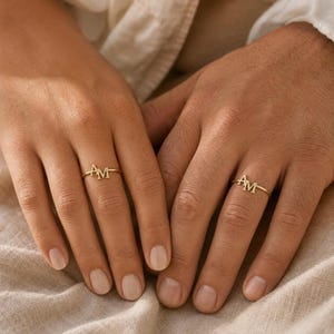 Bague initiale de couple, argent sterling 925 plaqué or 14 carats