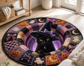 Rund Halloweenmatta med svart katt, häxkatt i 3D-optisk illusion, kuslig gotisk golvmatta, söt häxig Halloween-dekor, kiselgurmatta