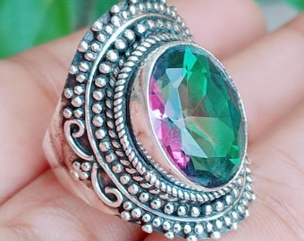 Bague en topaze mystique sur argent sterling 925, bague ovale en topaze arc-en-ciel, bague imposante, bague bohème oxydée en filigrane, bijou en cristal unique