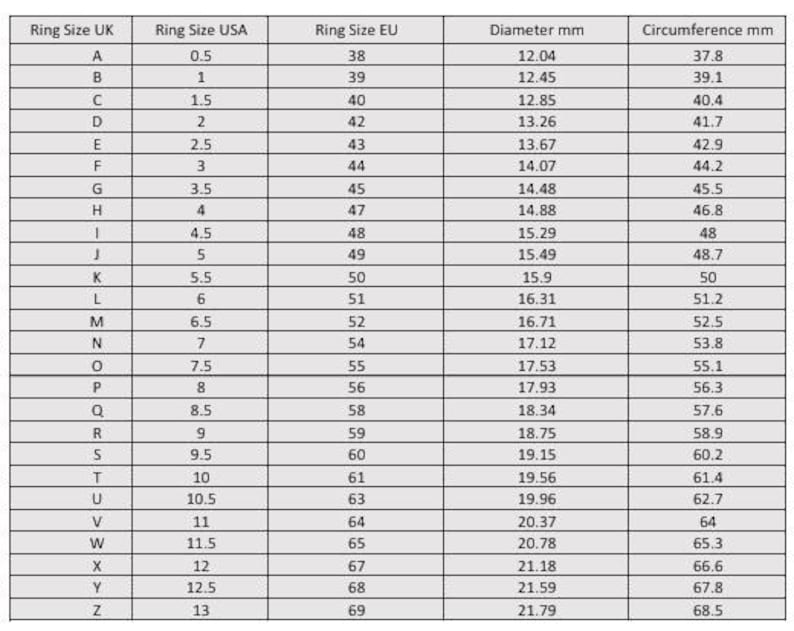 May include: "International ring size conversion chart table listing equivalent measurements for Ring Size UK, Ring Size USA, Ring Size EU, Diameter mm, and Circumference mm."