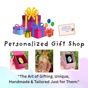 May include: A graphic featuring the text Personalized Gift Shop and The Art of Gifting: Unique, Handmade & Tailored Just for Them. Includes illustrations of colorful gift boxes, a note card, and three rings displayed in boxes and a gold pouch.