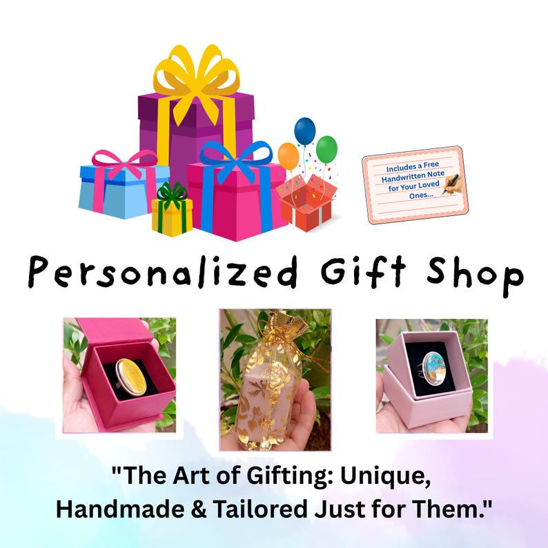 May include: A graphic featuring the text Personalized Gift Shop and The Art of Gifting: Unique, Handmade & Tailored Just for Them. Includes illustrations of colorful gift boxes, a note card, and three rings displayed in boxes and a gold pouch.