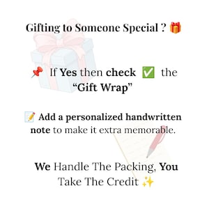 May include: E-commerce promotional graphic featuring text that offers gift wrapping options and personalized handwritten notes, complete with small decorative icons of a present box, push pins, and sparkling sparkles.