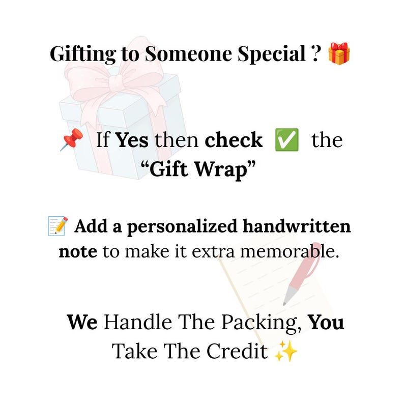 May include: E-commerce promotional graphic featuring text that offers gift wrapping options and personalized handwritten notes, complete with small decorative icons of a present box, push pins, and sparkling sparkles.
