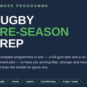 May include: A digital graphic with a dark blue background featuring the text 10-WEEK PROGRAMME, RUGBY PRE-SEASON PREP, and a description of two training plans. Five green-outlined buttons at the bottom list Strength, Power, Speed, Conditioning, 4 days / week.
