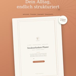 Può includere: Un'agenda digitale intitolata Strukturfunken Planer con sfondo color terracotta. La copertina riporta il testo Dein Alltag, endlich strukturiert, Jahresziele, Finanzplan, Essensplan, Gewohnheiten e Undatiert & digital. Compatibile con GoodNotes & Notability.