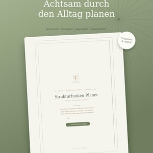 Può includere: Un'agenda digitale intitolata Strukturfunken Planer con uno sfondo verde salvia. La copertina presenta il testo Achtsam durch den Alltag planen, Jahresziele, Finanzplan, Essensplan, Gewohnheiten e Undatiert & digital. Include 12 pagine.