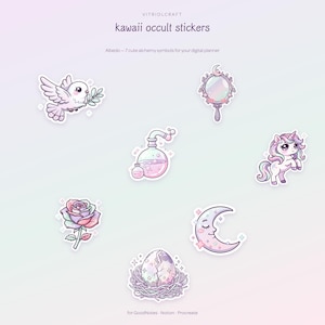 May include: A set of seven digital stickers labeled kawaii occult stickers, featuring a dove, a hand mirror, a potion bottle, a unicorn, a rose, a crescent moon, and a cracked egg in a nest, all rendered in pastel colors with sparkling accents.