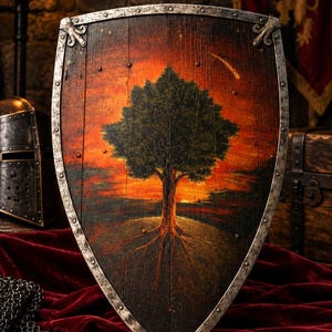 May include: A wooden heater shield featuring a painted scene of a large tree with visible roots against a vibrant orange and red sunset sky. The shield has a dark, weathered wood grain texture and is bordered by a metallic rim with visible rivets.