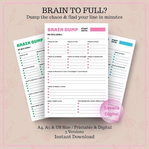 Könnte beinhalten: Drei druckbare Brain-Dump-Planer-Blätter mit schwarzem Text auf weißem Papier. Die Blätter enthalten Abschnitte für große Ziele, Aufgaben wie Anrufen, Texten, E-Mail, Planen, Nachverfolgen, Sprechen, Recherchieren, Erstellen und Prioritäten. Mit rosa, grünen und blauen Akzenten.