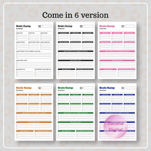 Op de afbeelding: Zes versies van een Brain Dump plannerpagina, elk met een witte achtergrond, zwarte tekst en gekleurde koppen. De lay-outs bevatten secties voor doelen, taken en prioriteiten, met een vak voor de startdatum rechtsboven op elke pagina.
