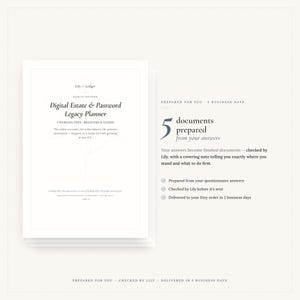 May include: A stack of white documents titled Digital Estate & Password Legacy Planner 2026/27 Edition by Lily & Ledger. The text outlines 5 working PDFs, registers, and guides for mapping online accounts, subscriptions, and pension nominations.