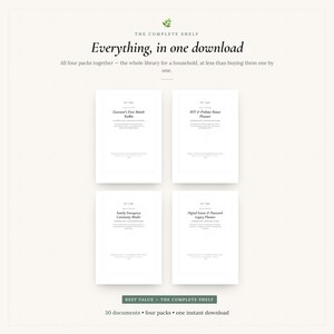 May include: A digital collection titled The Complete Shelf, featuring four document packs: Executor's First Month Toolkit, Will & Probate Route Planner, Family Emergency Continuity Binder, and Digital Estate & Password Legacy Planner, totaling 30 documents.