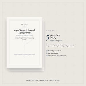 May include: A digital estate and password legacy planner document with a light background and dark text. The cover features the title Digital Estate & Password Legacy Planner, 2024/27 Edition, and mentions 5 printable PDFs, registers, and guides.