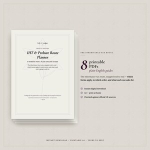 May include: A stack of printable documents titled Lily & Ledger 2024/25 Edition IHT & Probate Route Planner. The text includes 8 printable PDFs, plain-English guides, and details about the inheritance-tax route, instant digital download, and A4 size.