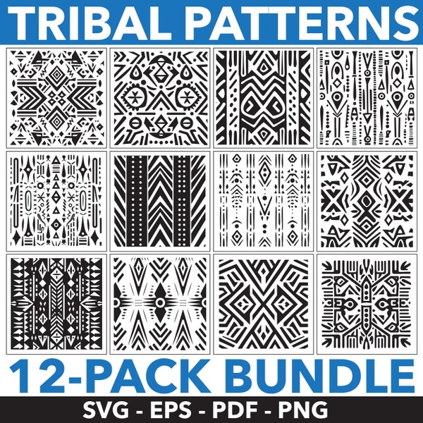 Tribal Patterns, Digital Download, 12 Pack Bundle, PDF PNG SVG, Art